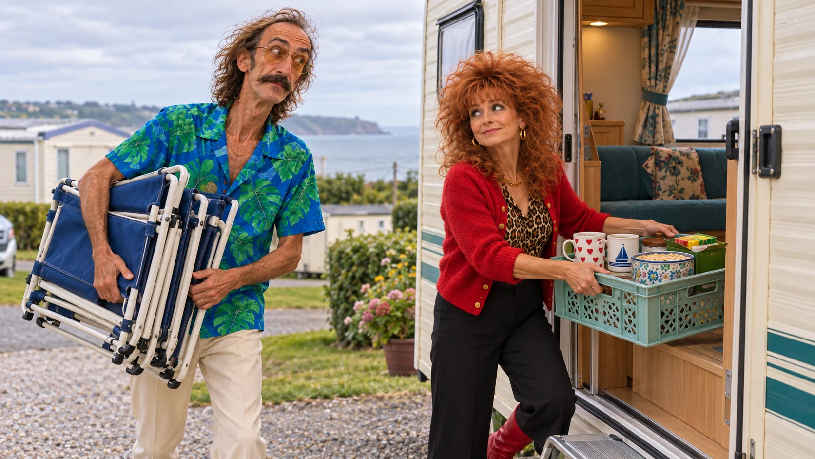 Our couple packing their familiar caravan for another holiday