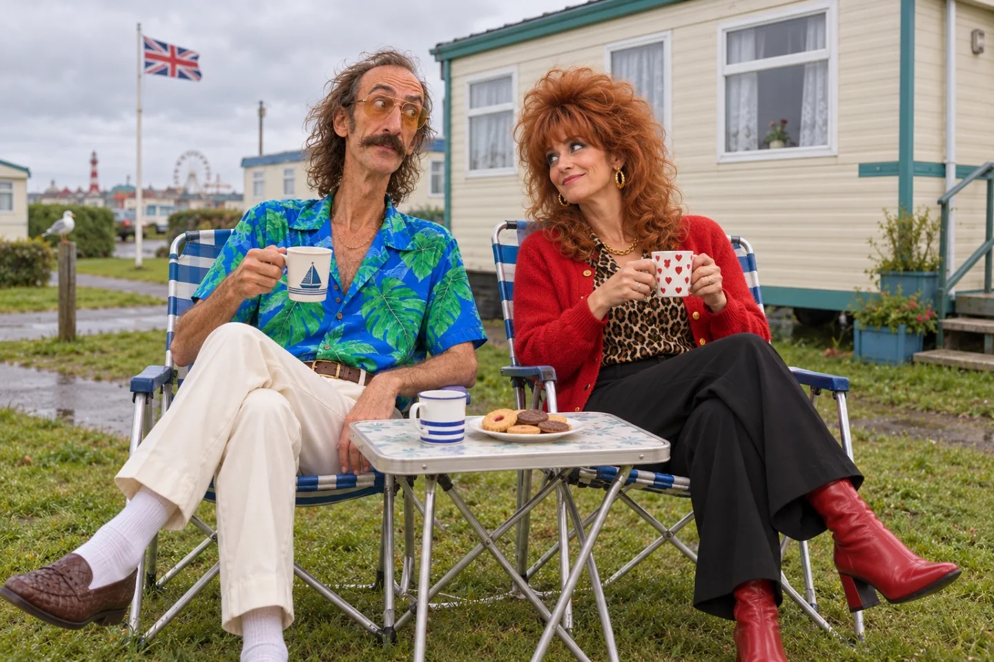 The couple with their tea and biscuits outside their familiar caravan