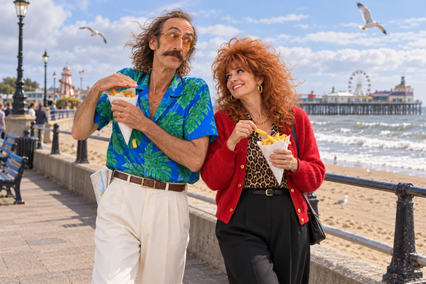 Our couple enjoying chips on a British seaside promenade