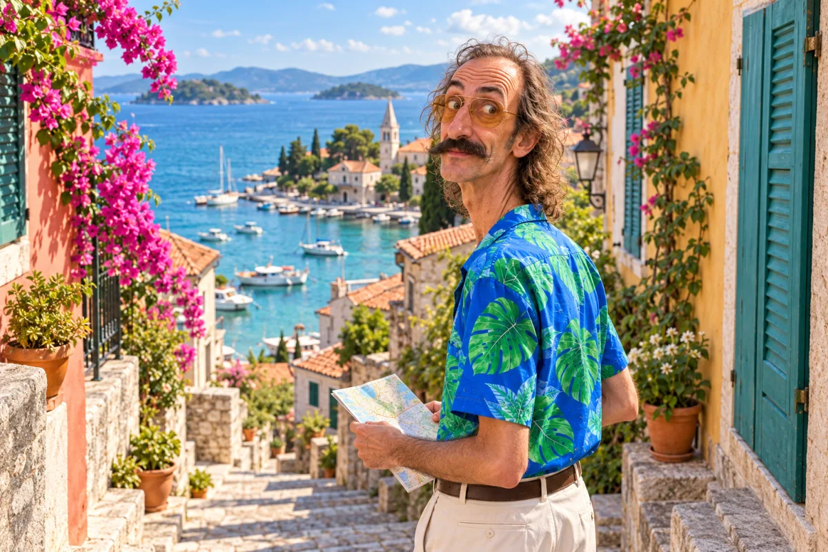 Our Holiday Hacks character discovering a colourful lane above a seaside harbour