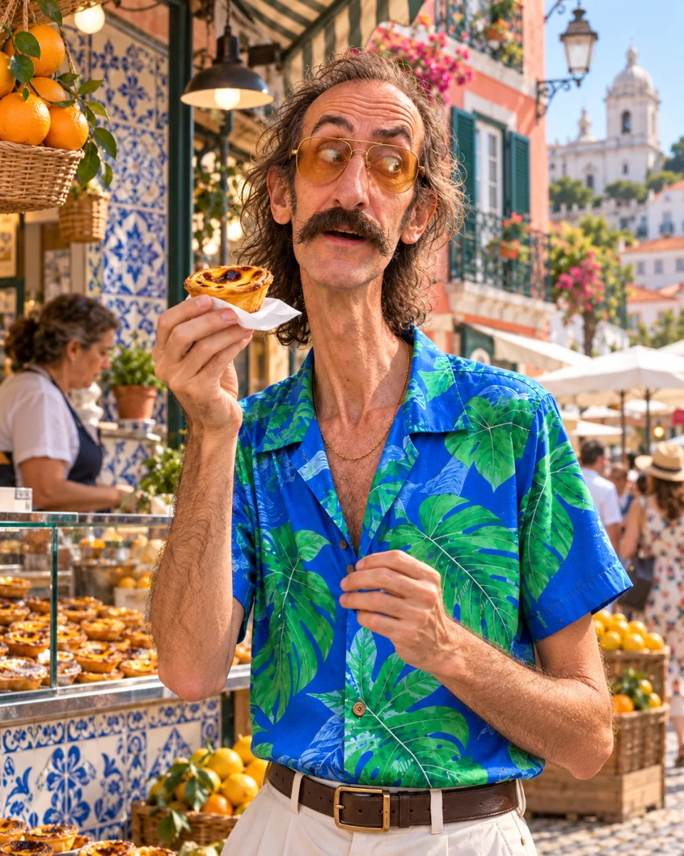 Our Holiday Hacks character discovering a custard tart at a local market