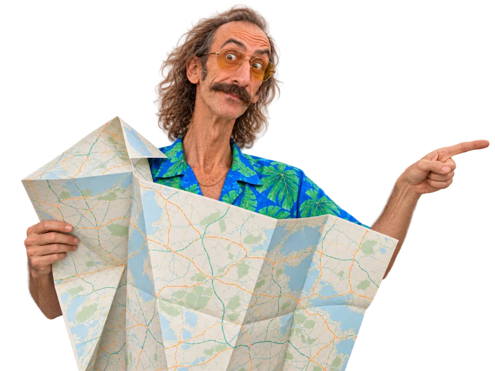 Our Holiday Hacks character wrestling with a fold-out map and pointing towards the story